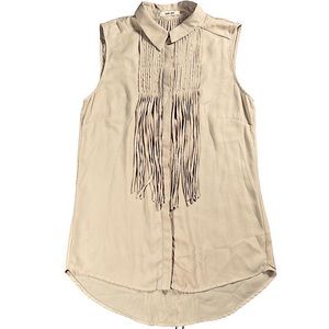 San Joy size small tan top with fringe on front & back, button down with collar